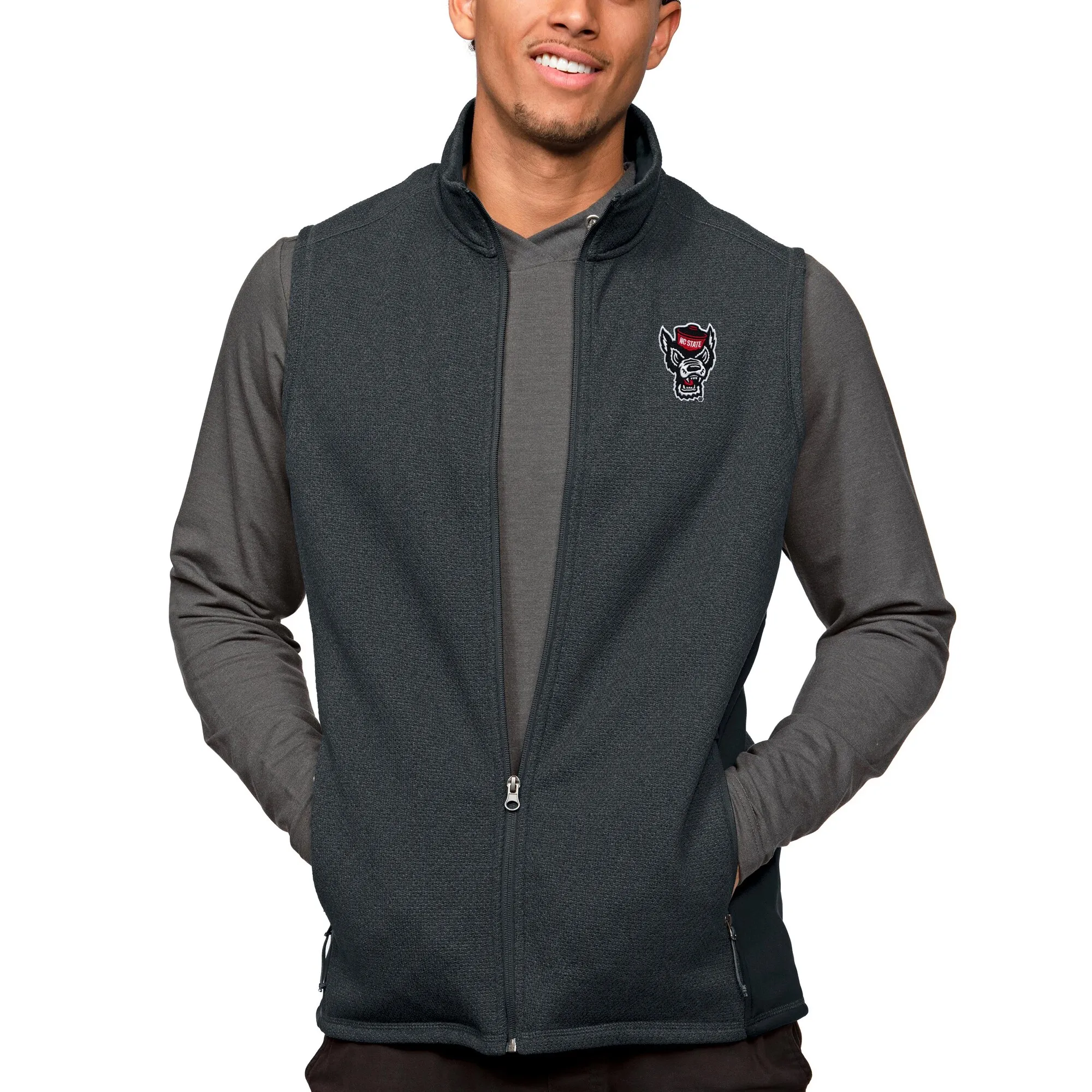 Antigua NC State Wolfpack Heather Charcoal Course Full-Zip Vest