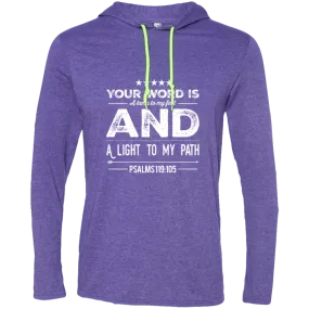 Bible Verse Men Long Sleeve T-Shirt Hoodie - Your Word Is Light To My Path ~Psalm 119:105~ Design 16 (White Font)