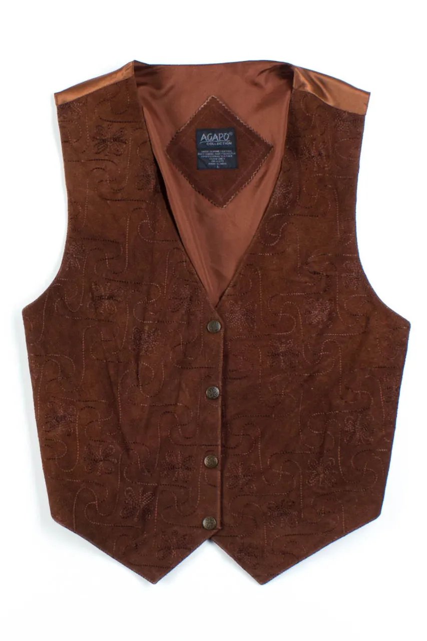 Brown Floral Embroidered Suede Vest