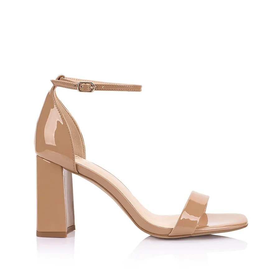 Carly Block Heel Sandals - Dark Camel Patent