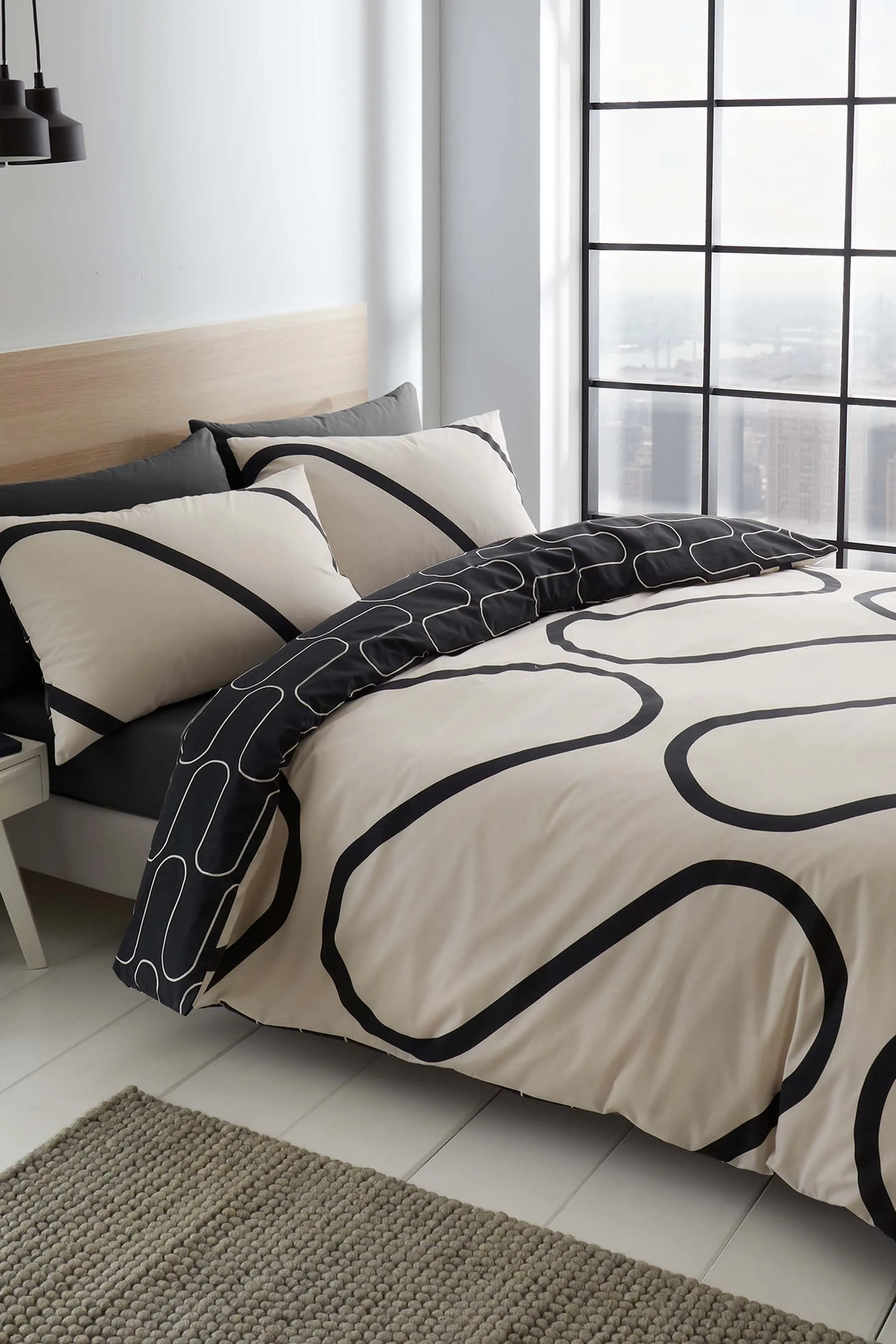 Catherine Lansfield Natural Linear Curve Geometric Reversible Duvet Cover and Pillowcase Set