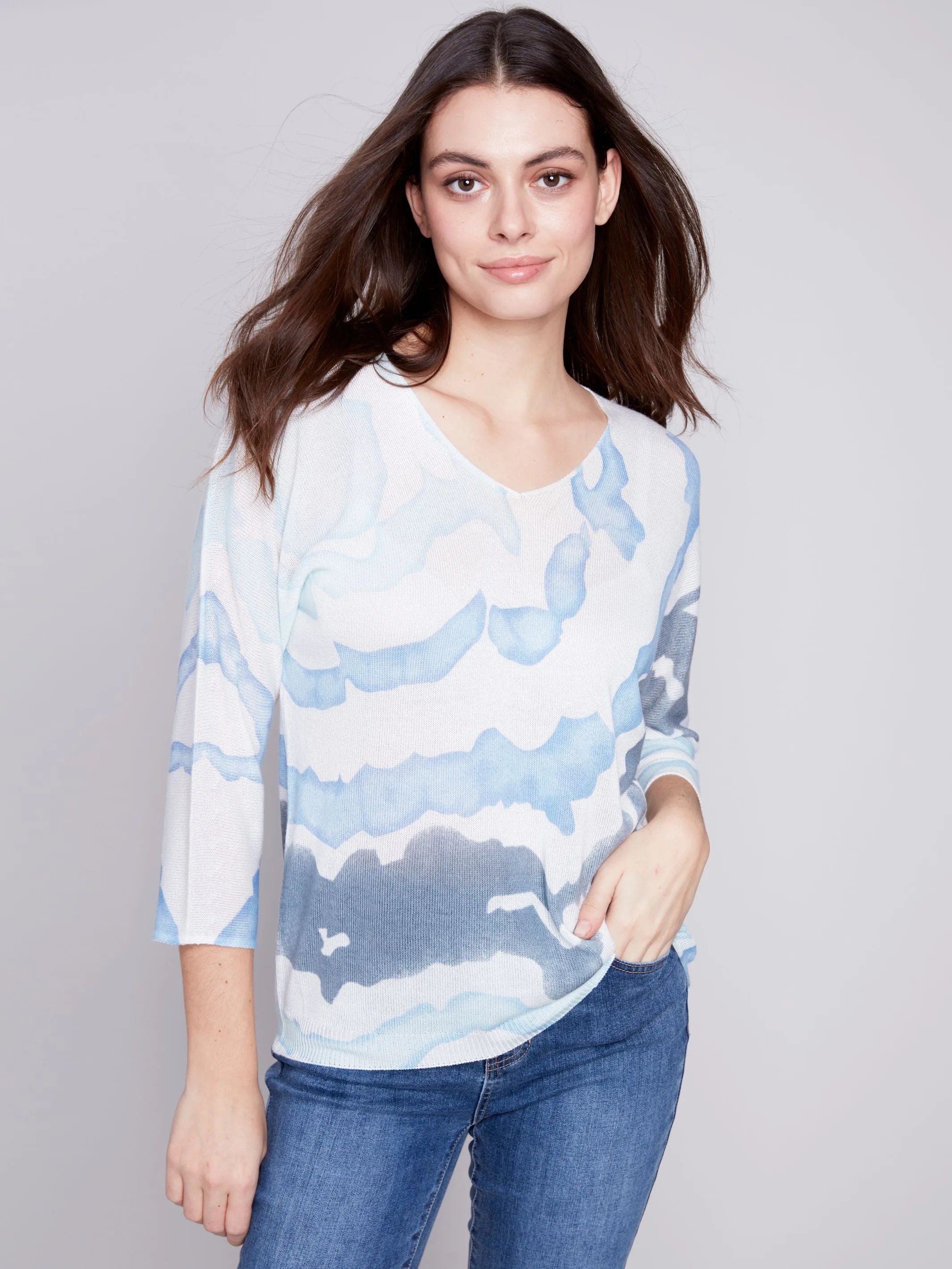 Charlie B 3/4 Sleeve V-Neck Dolman Printed Sweater