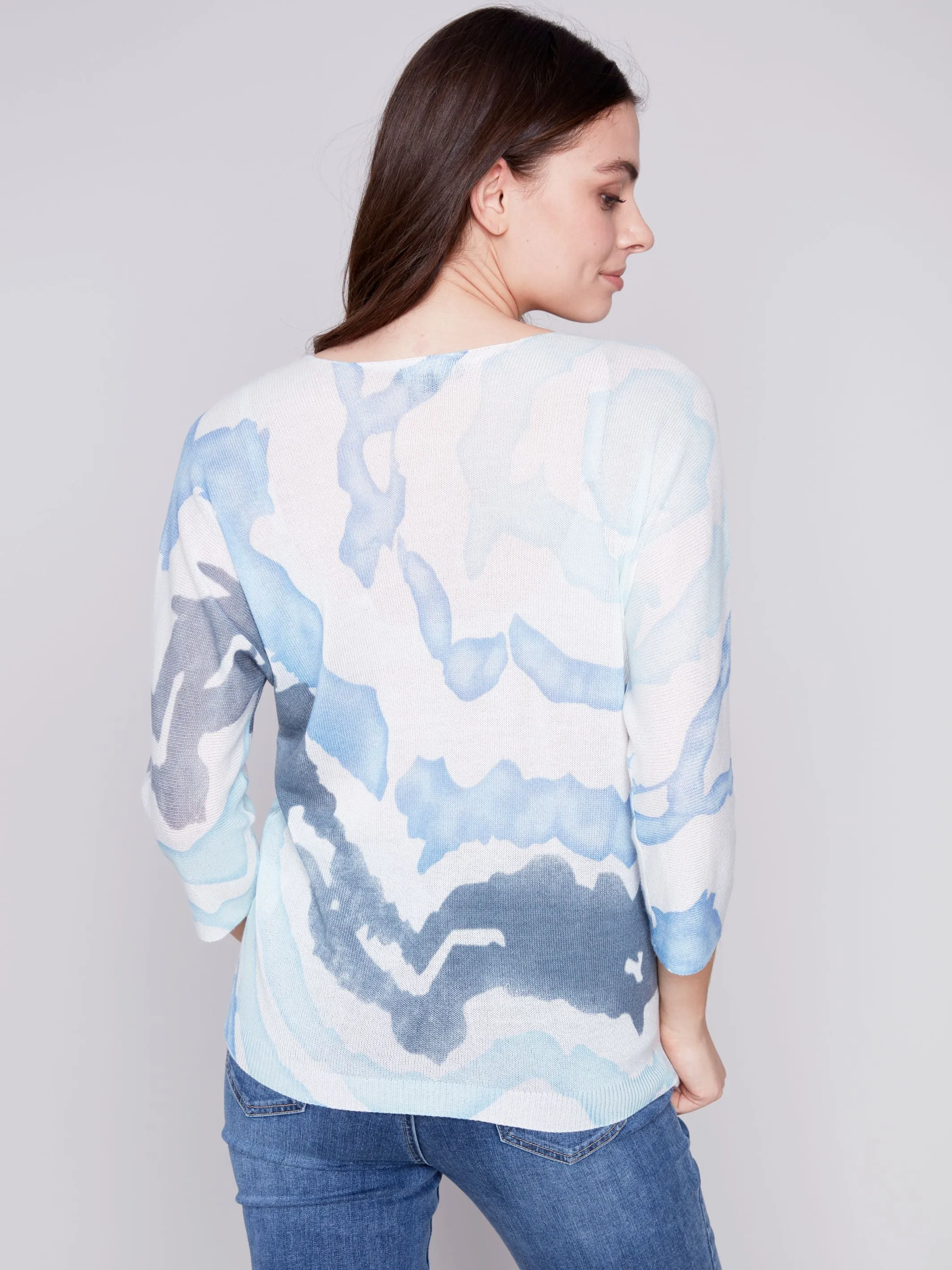 Charlie B 3/4 Sleeve V-Neck Dolman Printed Sweater