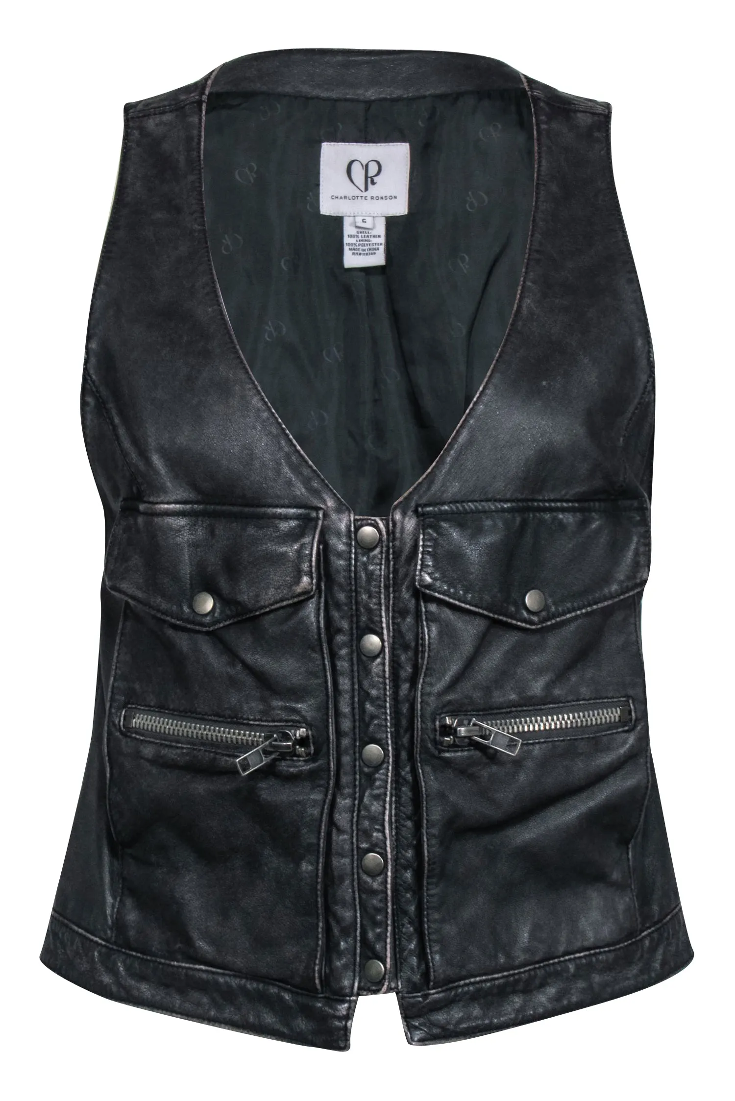 Charlotte Ronson - Faded Black Leather Button-Up Utility-Style Vest Sz 6