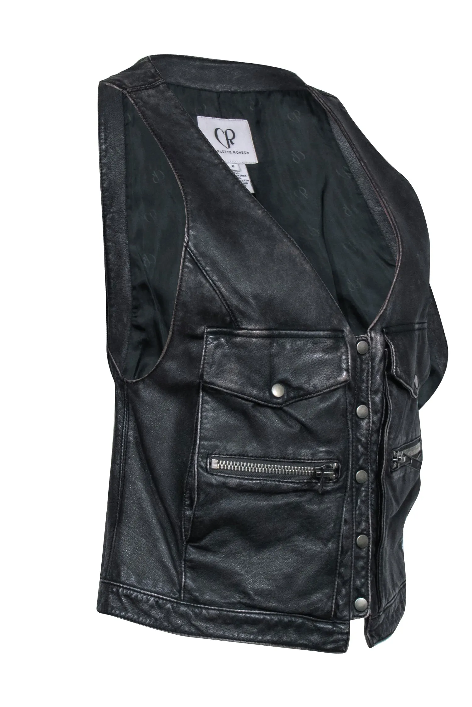 Charlotte Ronson - Faded Black Leather Button-Up Utility-Style Vest Sz 6