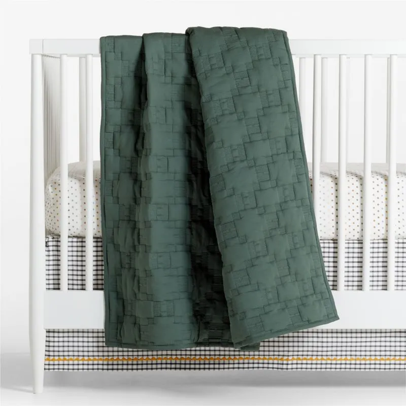 Crate&Barrel Pine Green Geometric Stitch Embroidered Cotton Baby Crib Quilt