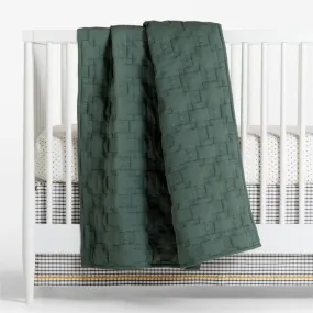 Crate&Barrel Pine Green Geometric Stitch Embroidered Cotton Baby Crib Quilt