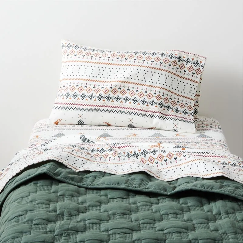 Crate&Barrel Pine Green Geometric Stitch Embroidered Cotton Baby Crib Quilt