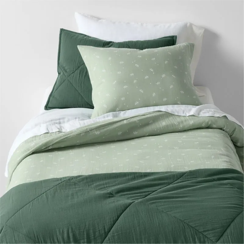 Crate&Barrel Supersoft Muted Teal Leaf Print Organic Cotton Gauze Kids Twin Duvet Cover