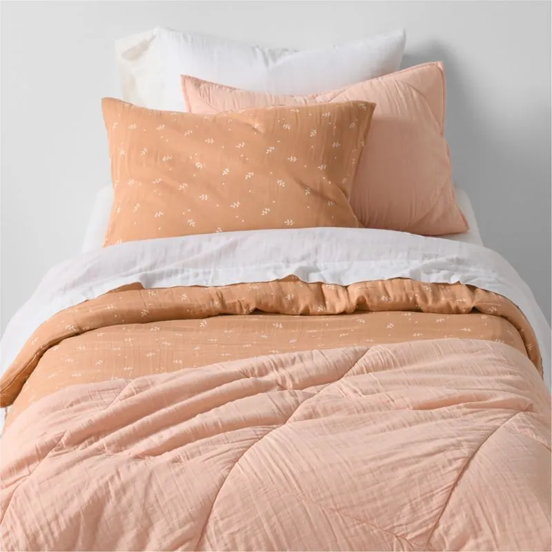 Crate&Barrel Supersoft Terracotta Leaf Print Organic Cotton Gauze Kids Twin Duvet Cover