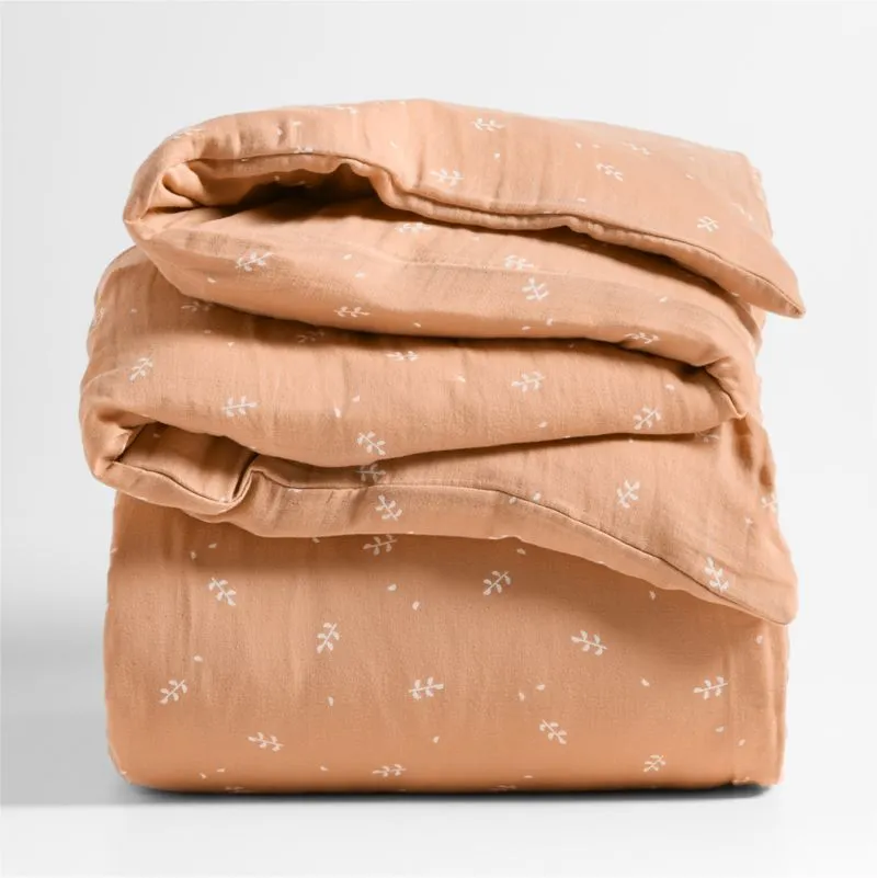 Crate&Barrel Supersoft Terracotta Leaf Print Organic Cotton Gauze Kids Twin Duvet Cover