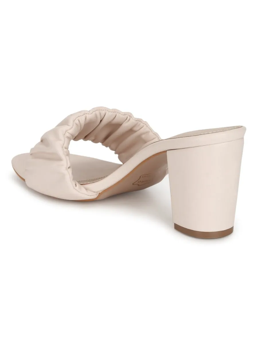 Cream PU Wrinkled Block Heel Mules