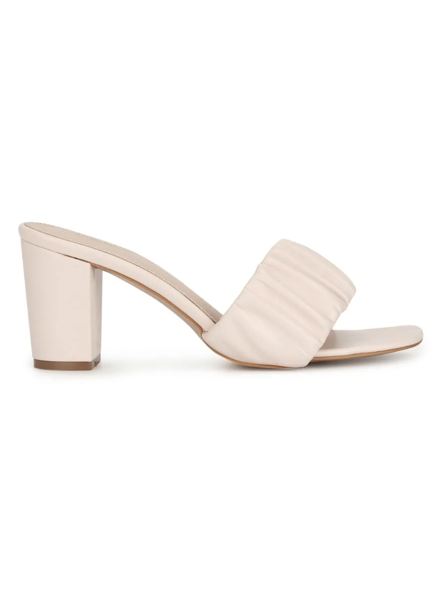 Cream PU Wrinkled Block Heel Mules