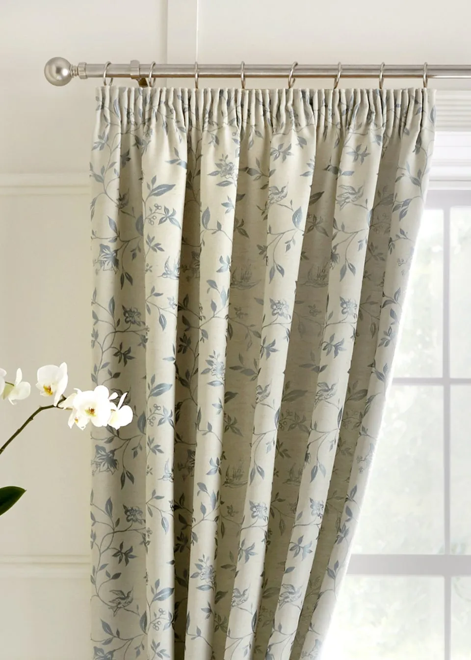 Curtina Bird Trail Jacquard Blue Pencil Pleat Curtains