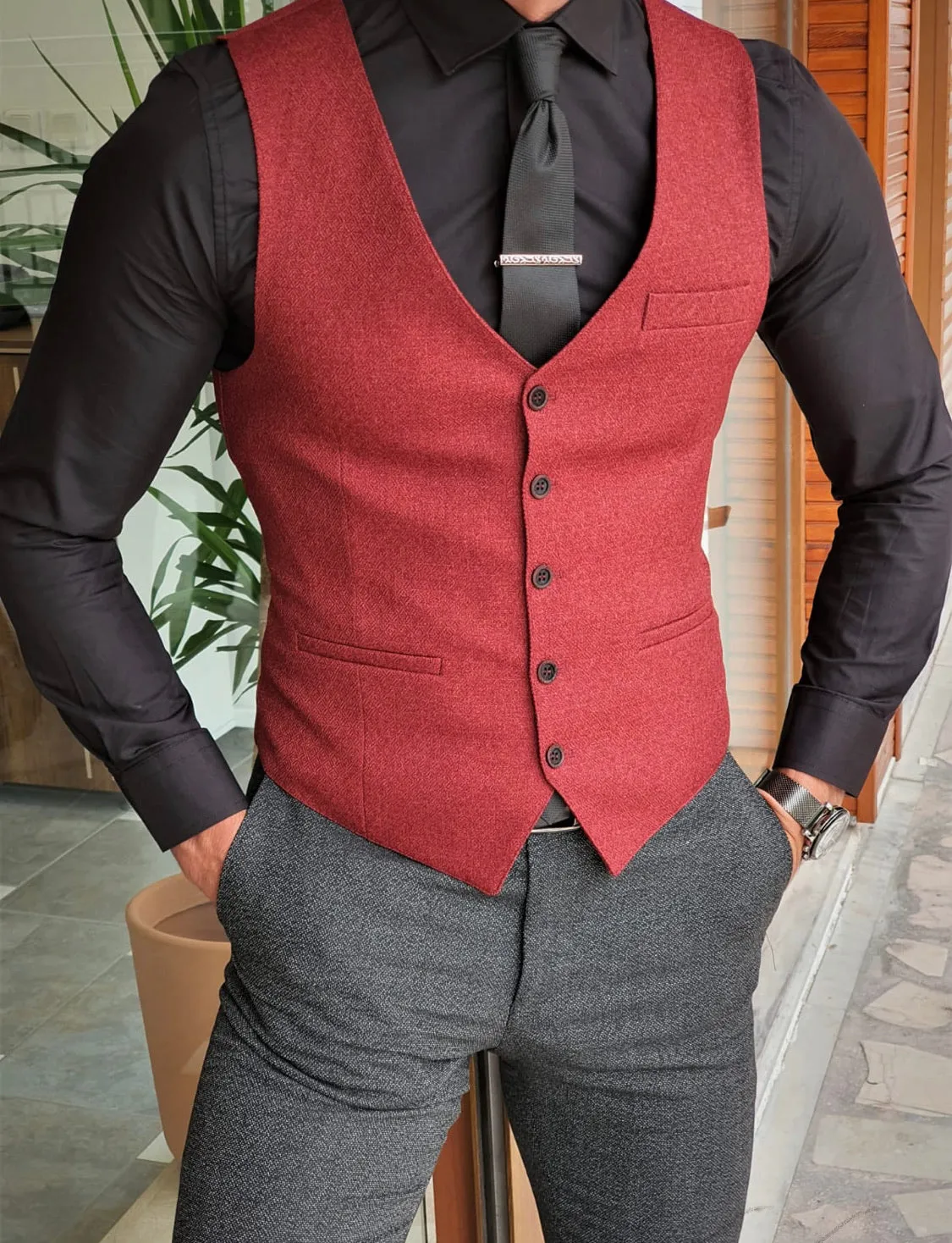 Daroni Claret Red Slim Fit Vest