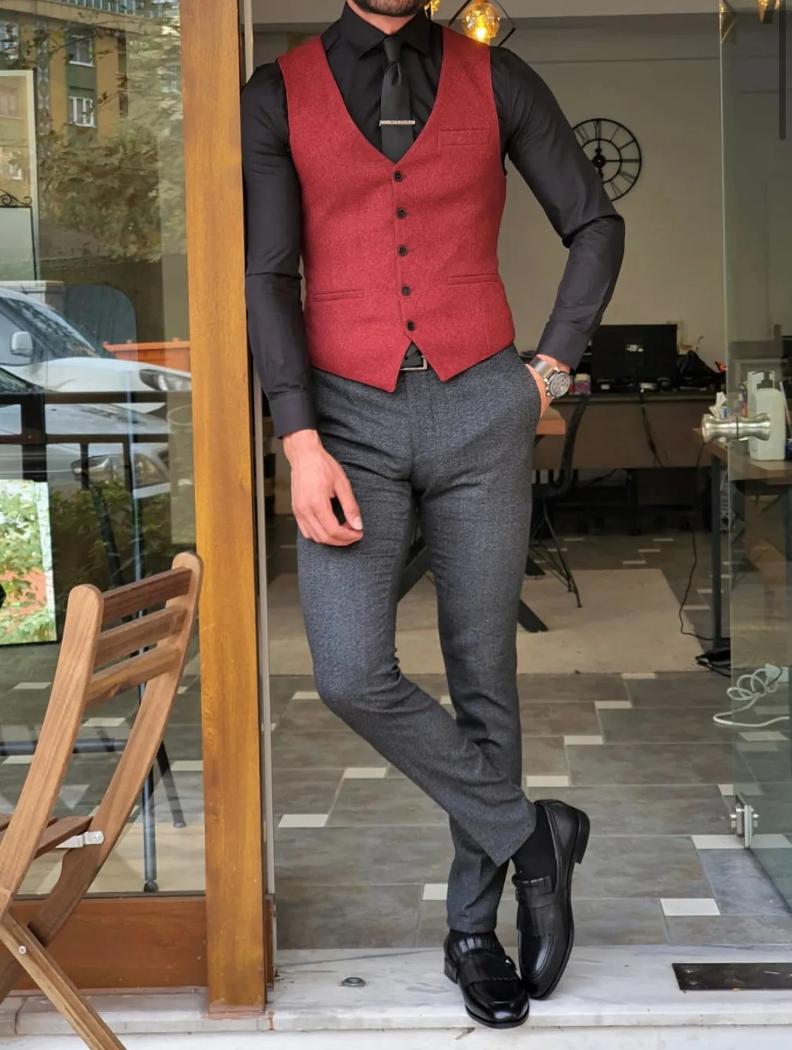 Daroni Claret Red Slim Fit Vest