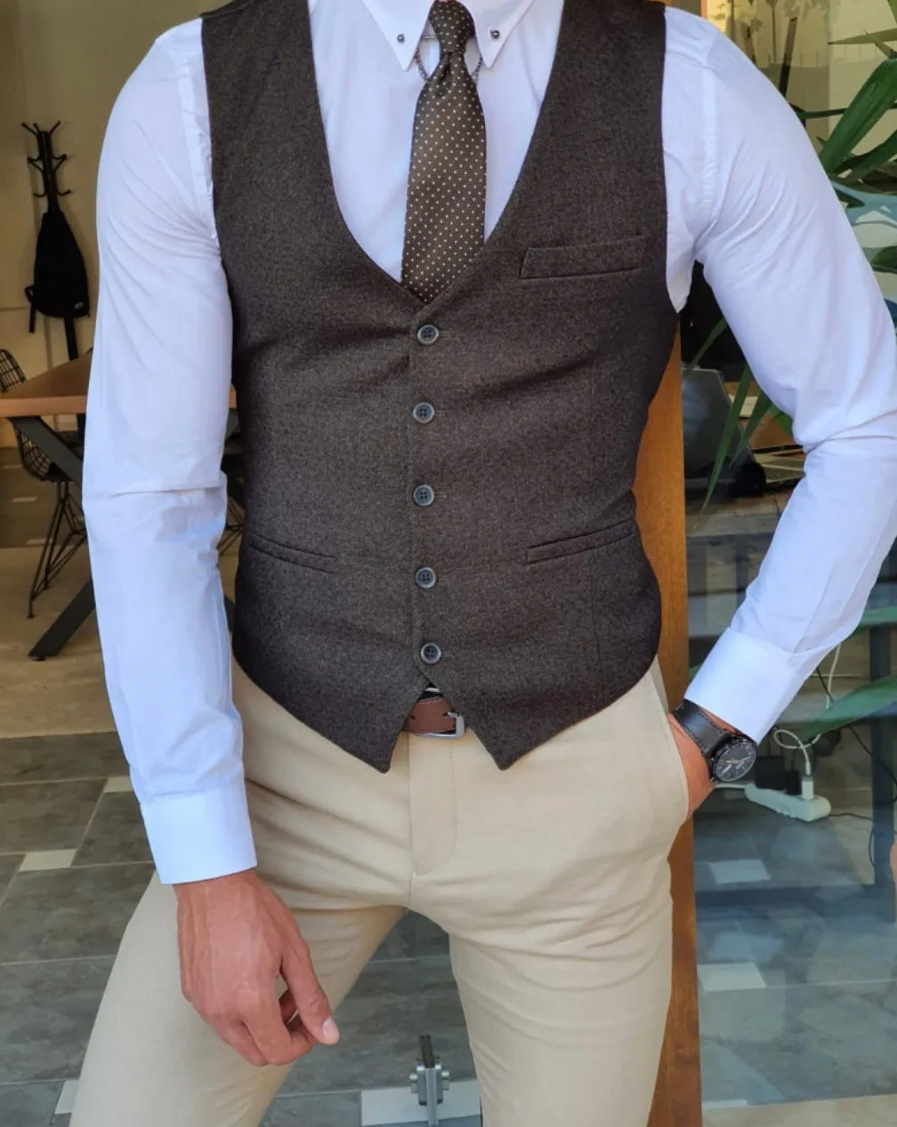 Daroni Khaki Slim Fit Vest