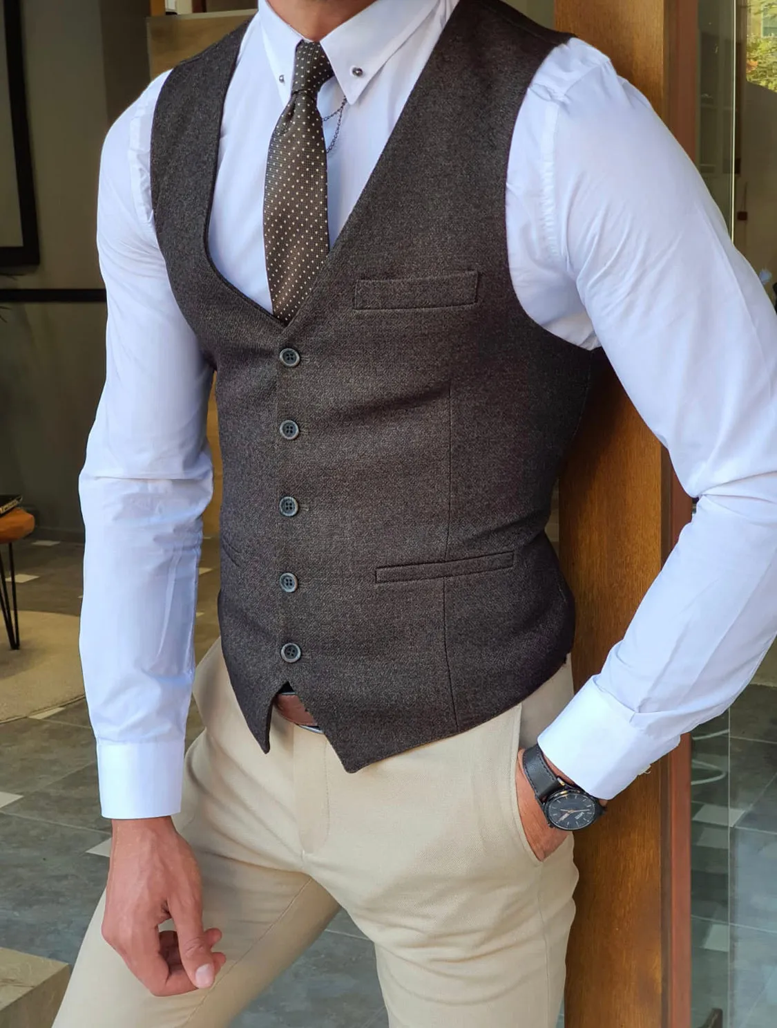 Daroni Khaki Slim Fit Vest