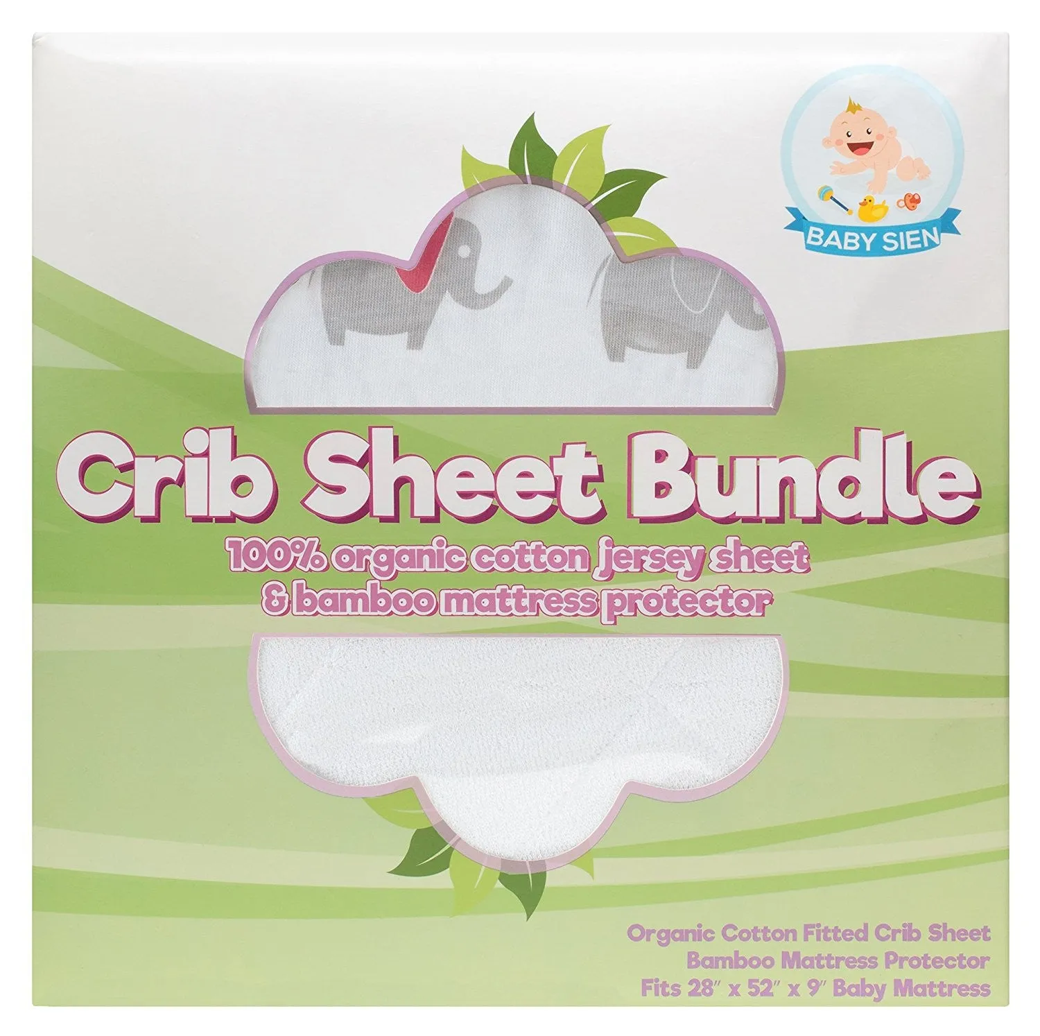 Fitted Crib Mattress Sheet and Bamboo Fabric Mattress Protector - 100% Jersey Cotton Sheets with Elephant Pattern Design