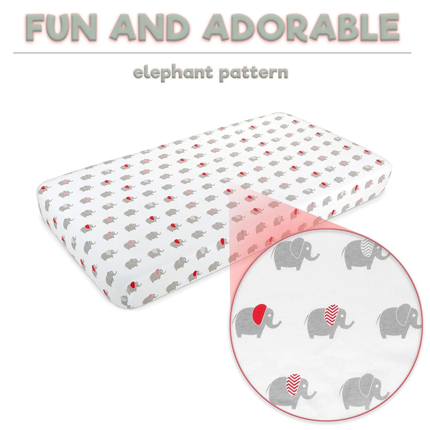 Fitted Crib Mattress Sheet and Bamboo Fabric Mattress Protector - 100% Jersey Cotton Sheets with Elephant Pattern Design