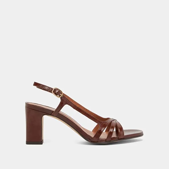 High-heeled sandals in brown shiny leather