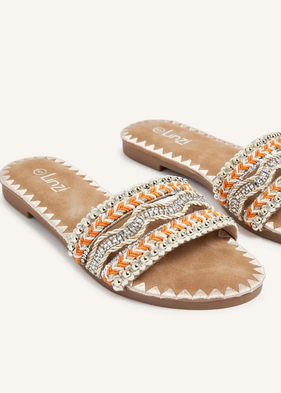 Linzi Maeva Orange Aztec Inspired Embellished Slider Sandals