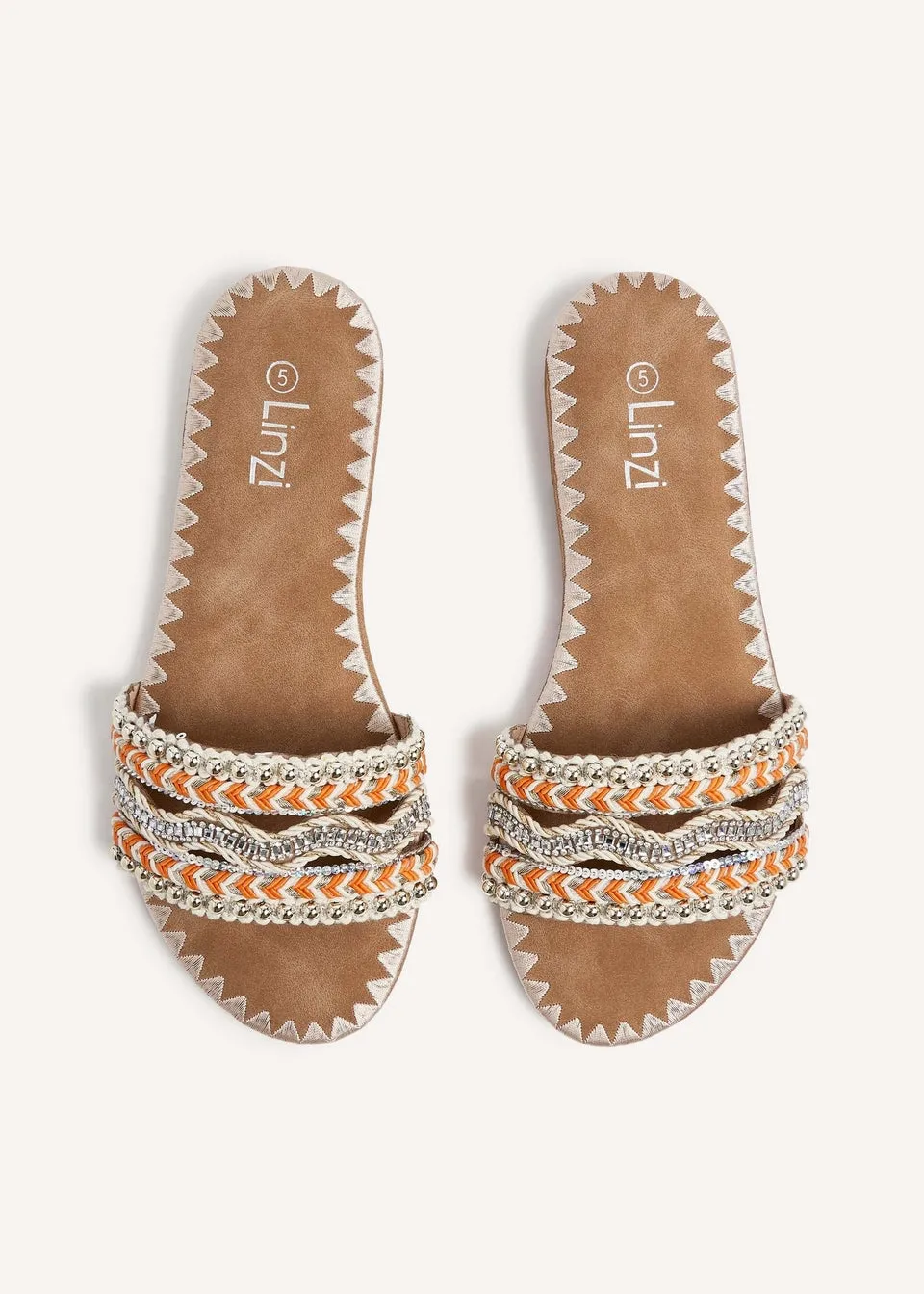 Linzi Maeva Orange Aztec Inspired Embellished Slider Sandals