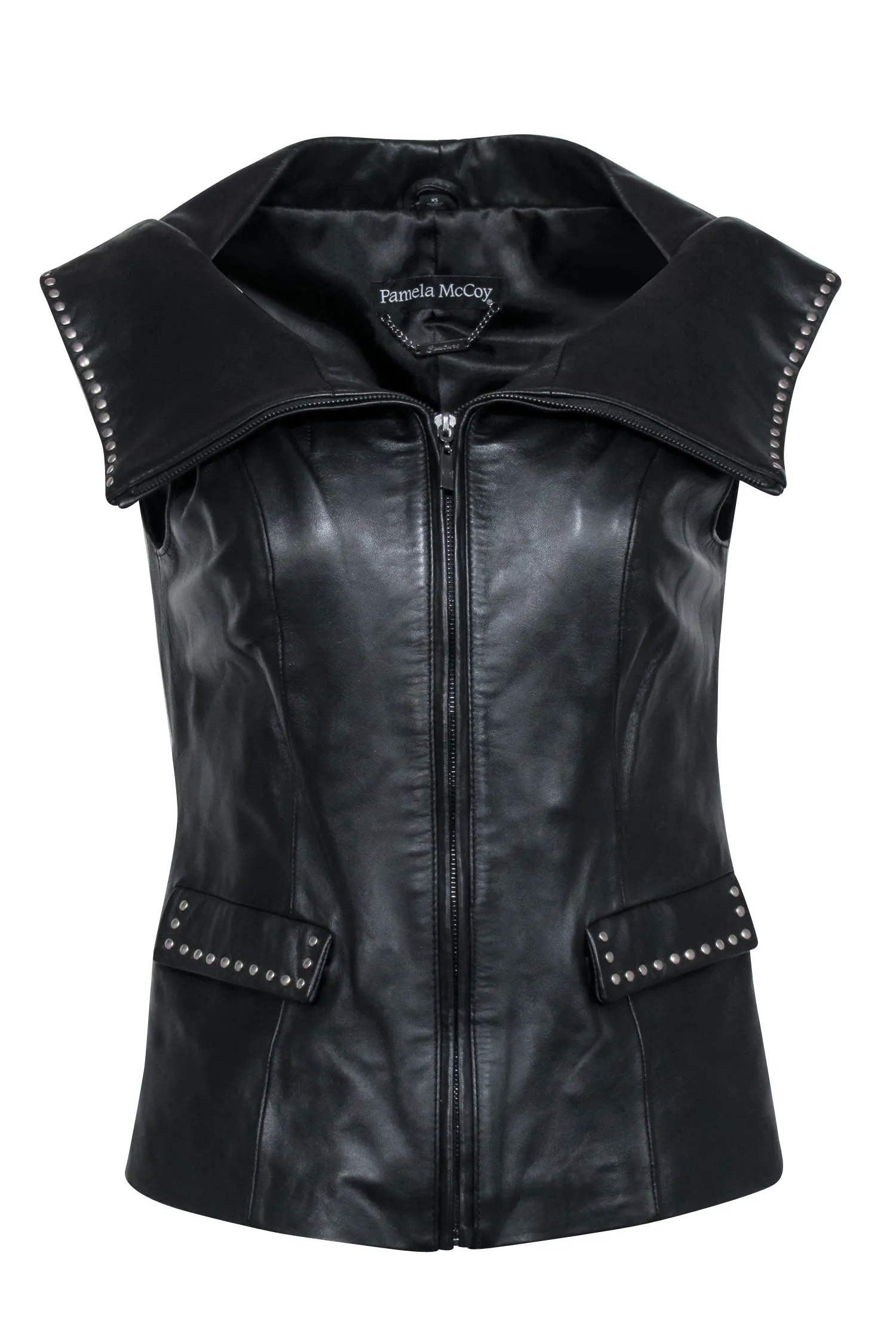 Pamela McCoy - Black Leather Studded Trim Vest Sz XS