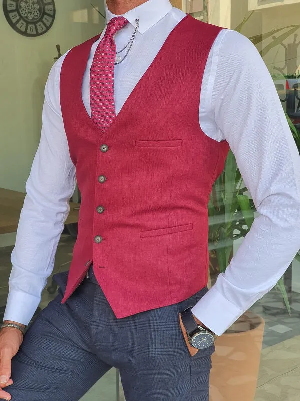 Red Slim Fit Linen Vest