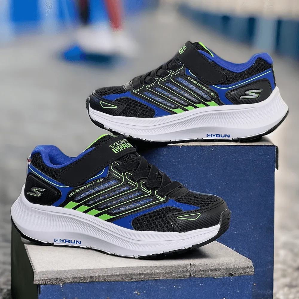 Skechers Boys Go Run Black Navy and Lime Trainers