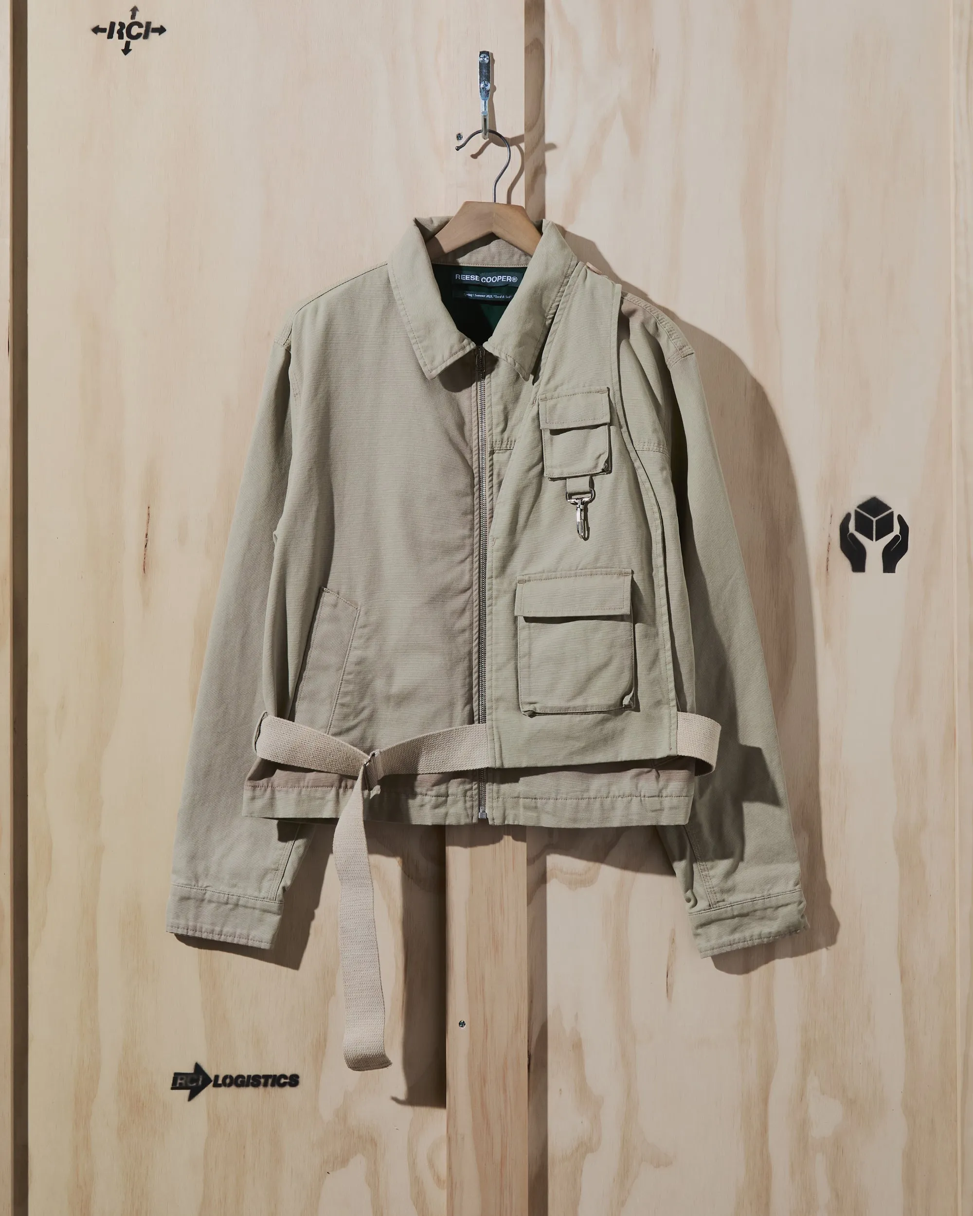 SS23 Sunfaded Cotton Work Jacket with Removable Attachment in Khaki