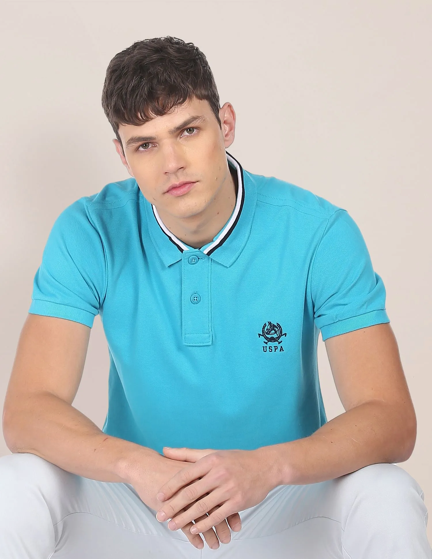 U.S. Polo Assn. Men Turquoise Striped Collar Solid Pique Polo Shirt