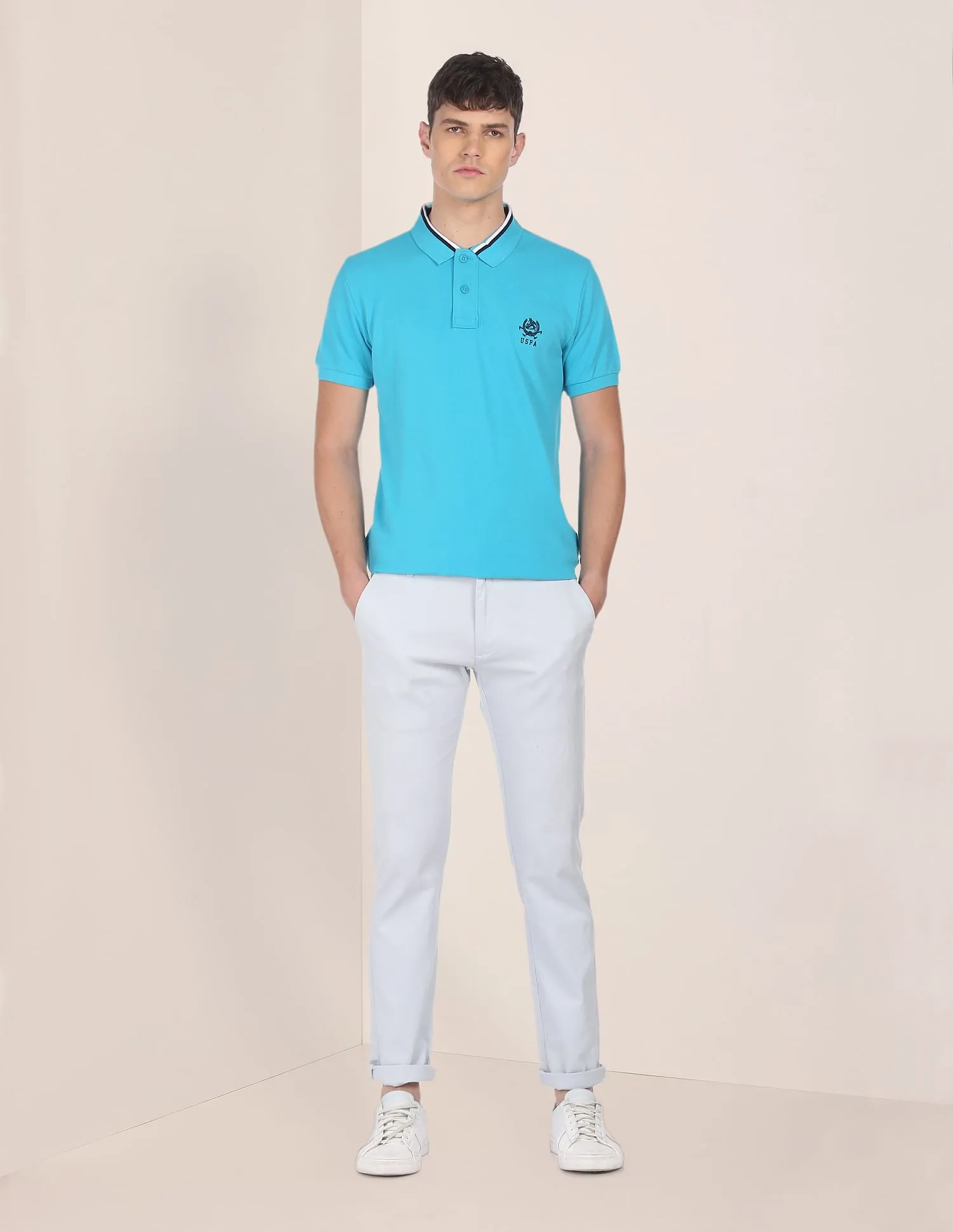 U.S. Polo Assn. Men Turquoise Striped Collar Solid Pique Polo Shirt