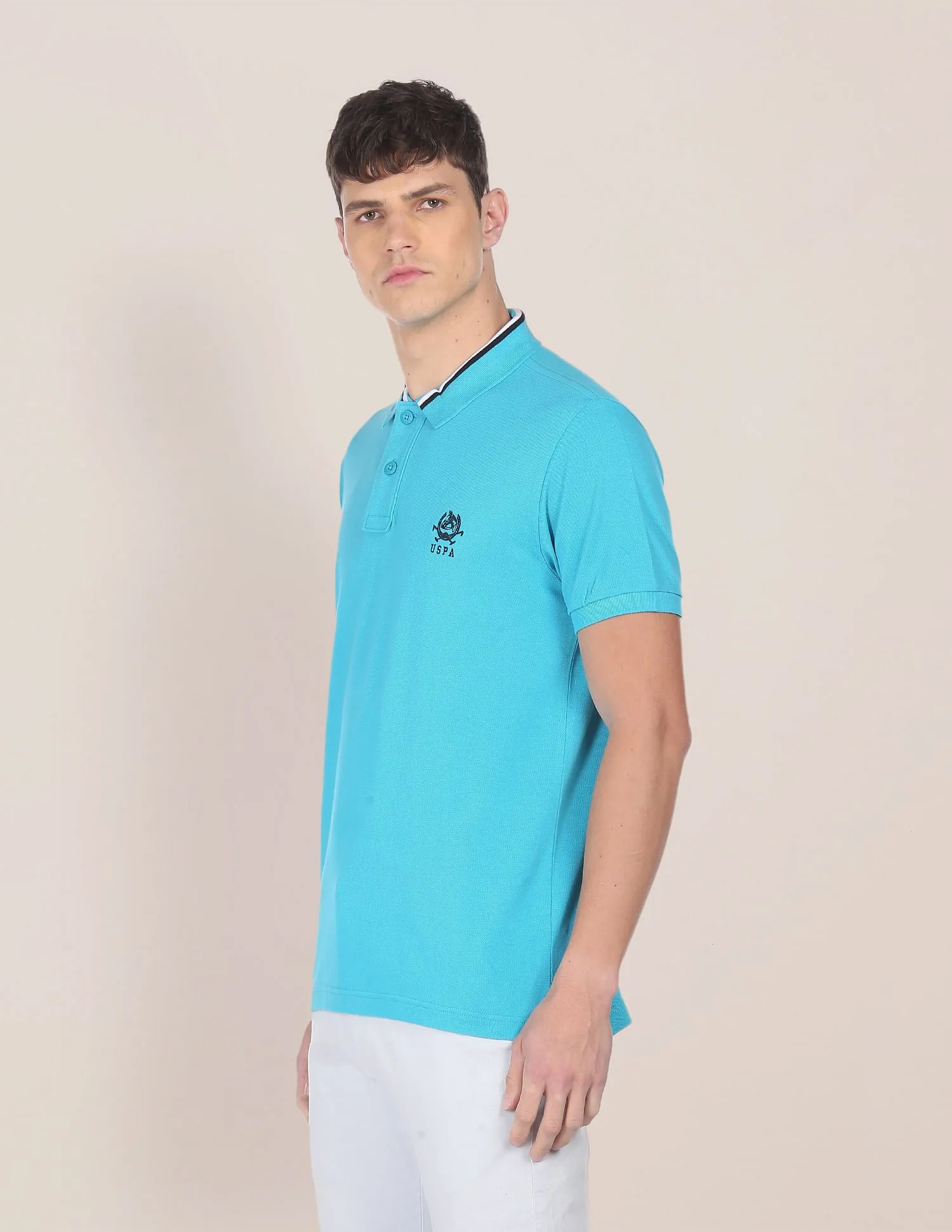 U.S. Polo Assn. Men Turquoise Striped Collar Solid Pique Polo Shirt