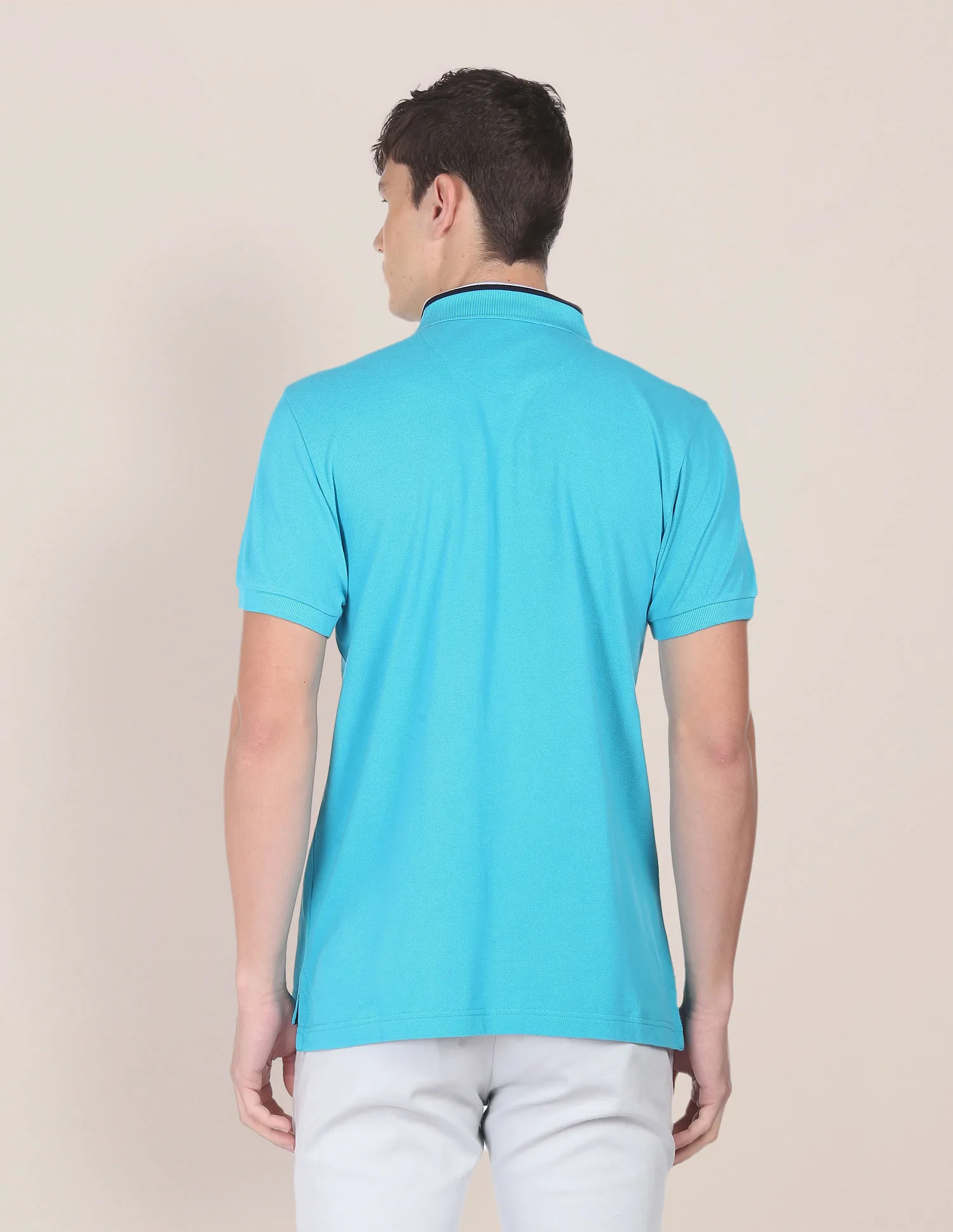 U.S. Polo Assn. Men Turquoise Striped Collar Solid Pique Polo Shirt