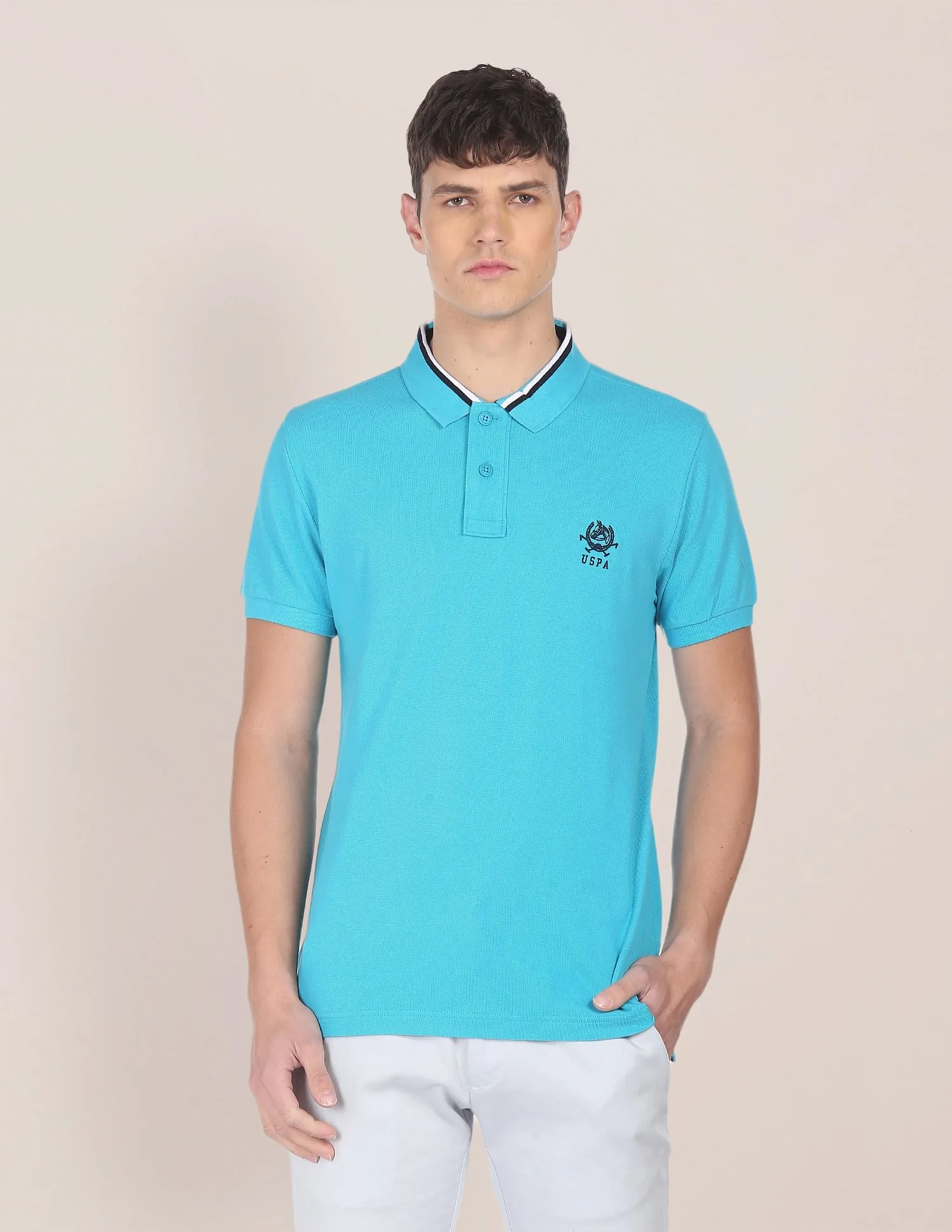 U.S. Polo Assn. Men Turquoise Striped Collar Solid Pique Polo Shirt