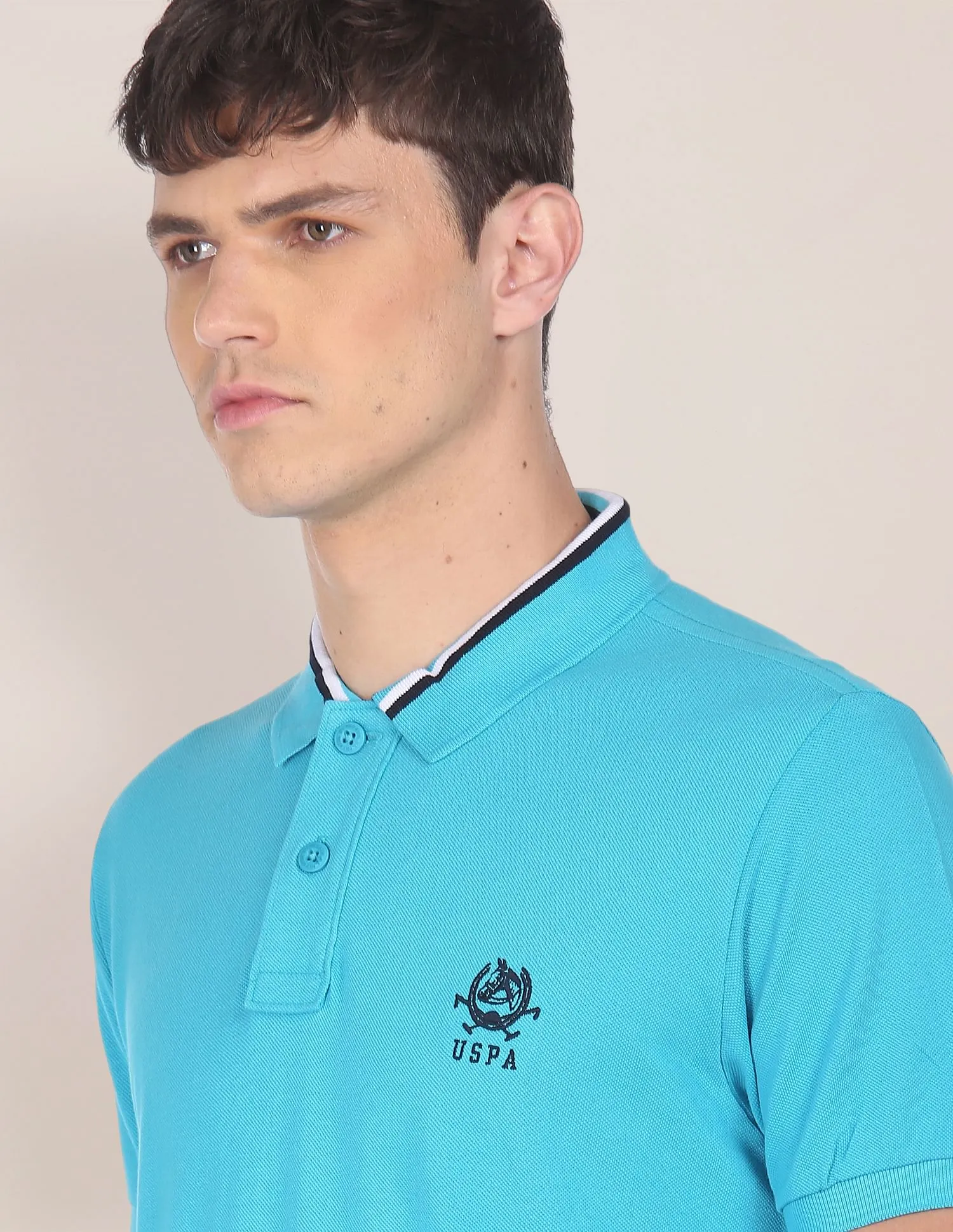 U.S. Polo Assn. Men Turquoise Striped Collar Solid Pique Polo Shirt