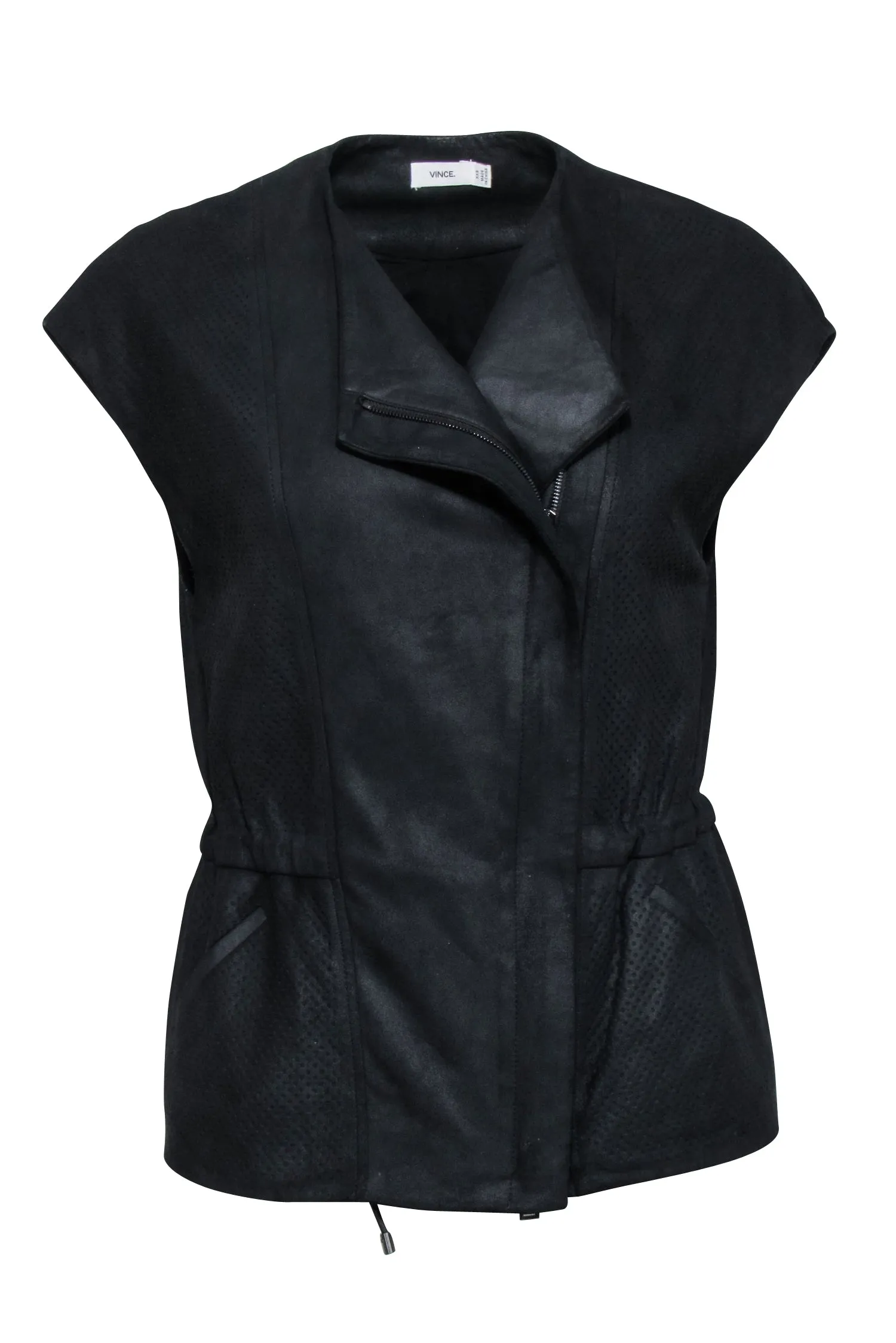 Vince - Black Perforated Leather Moto Vest w/ Drawstring Waist Sz XXS