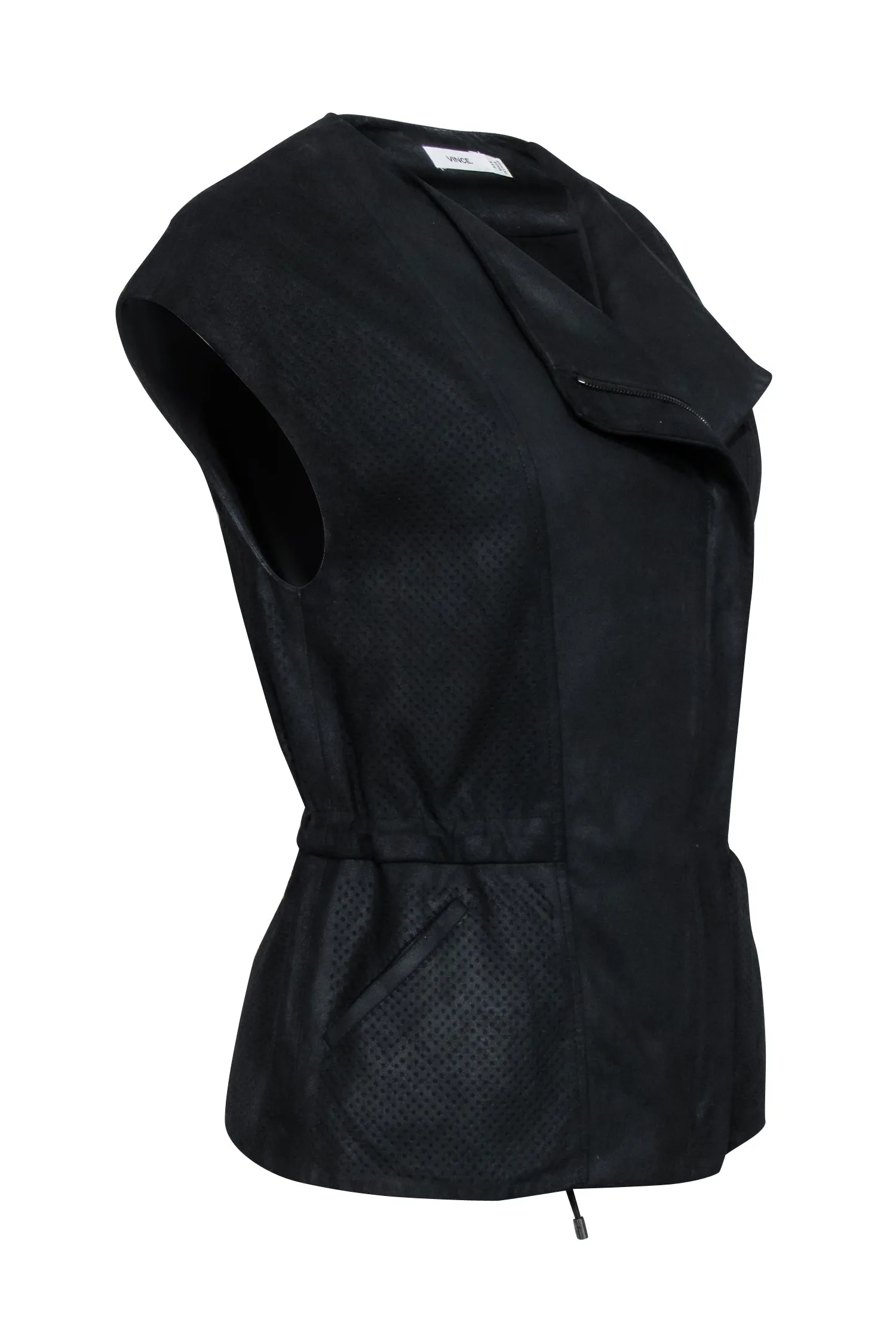 Vince - Black Perforated Leather Moto Vest w/ Drawstring Waist Sz XXS