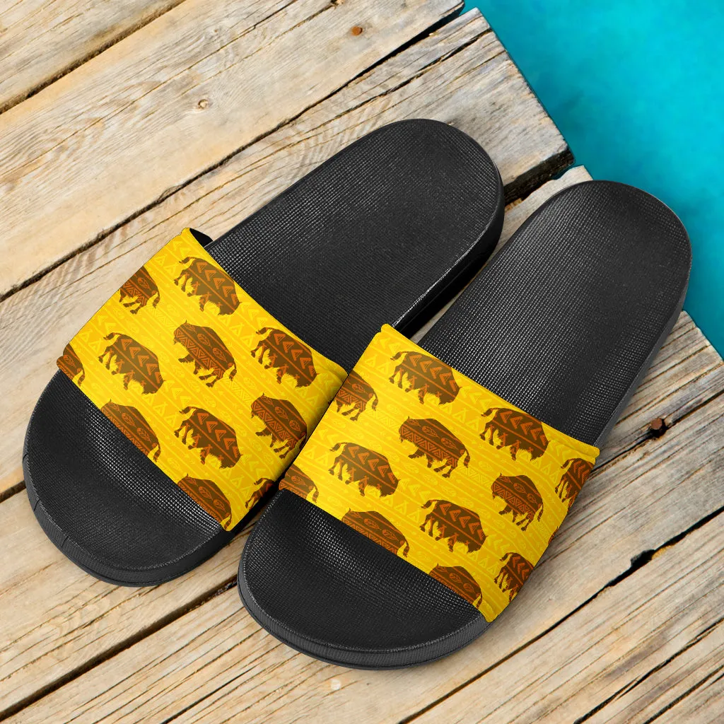 Yellow Bison Pattern Native American Slide Sandals